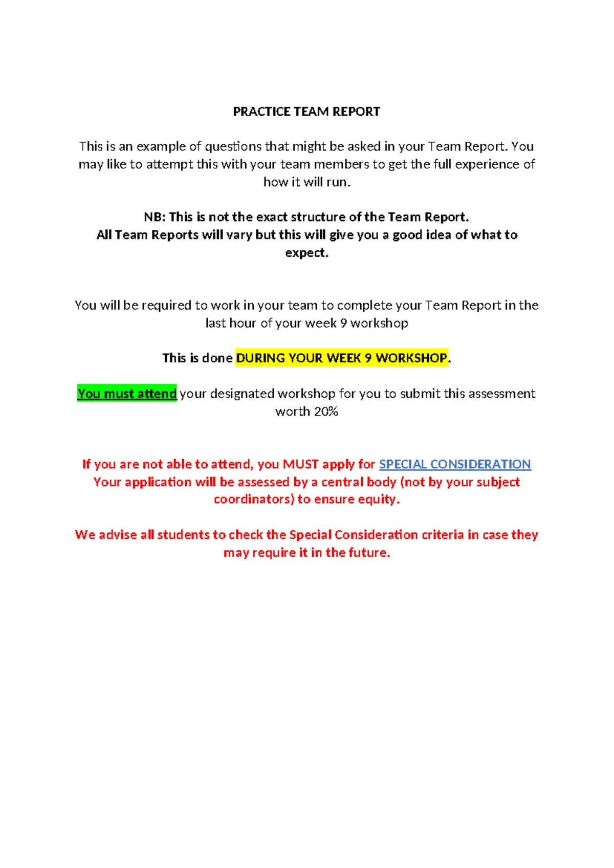 HBS1HBB Practice Team Report: Guide for Workshop Assessment Prep - Studocu
