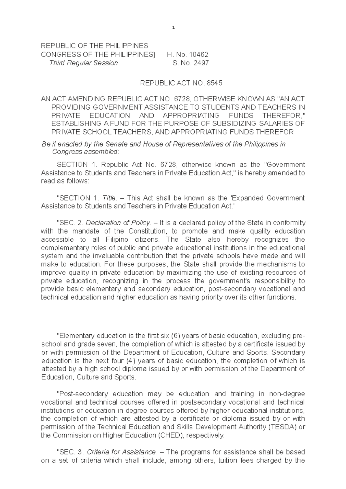 Republic Act 8545: Expanded Gov't Assistance for Private Education ...