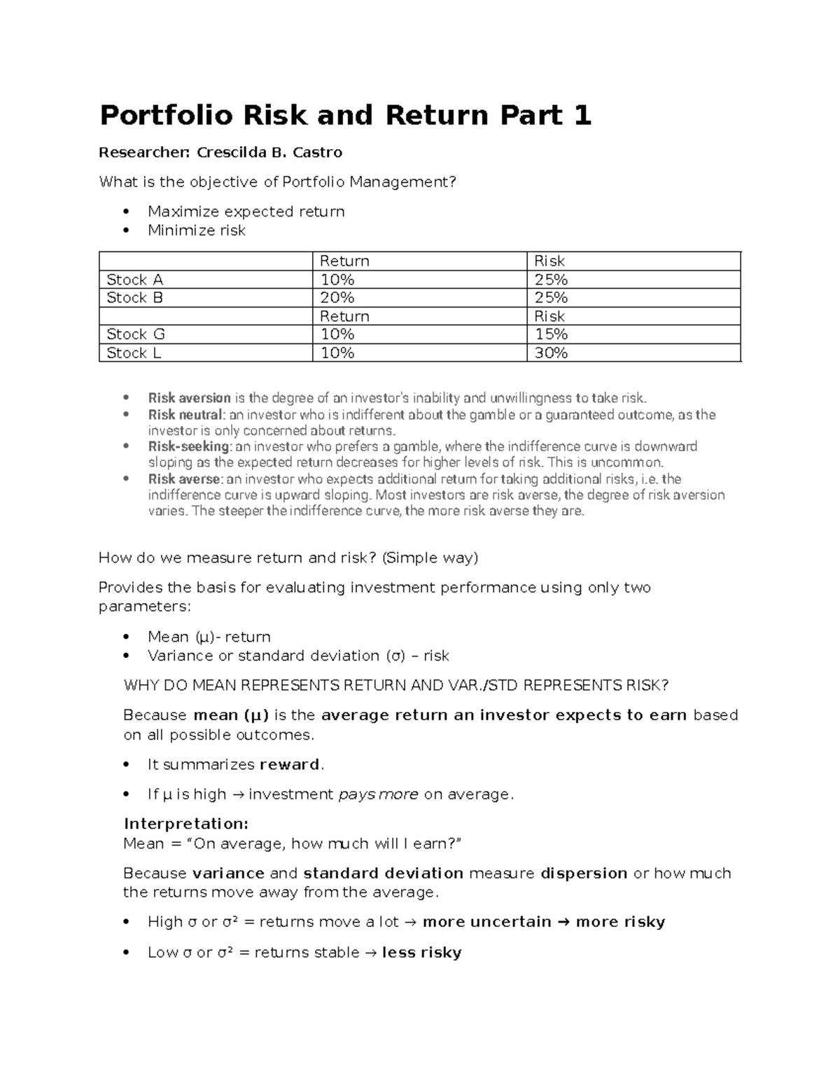 Portfolio Risk & Return Analysis (Part 1) - Crescilda B. Castro - Studocu