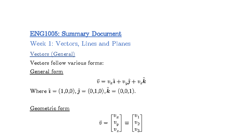 ENG1005: Week 1 Summary - Vectors, Lines, and Planes in Math - Studocu