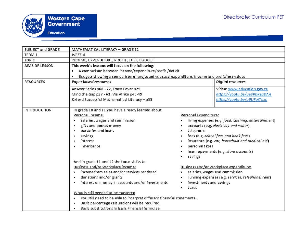 Mathematical Literacy Grade 12 Term 1 Week 4 2021 - Directorate ...