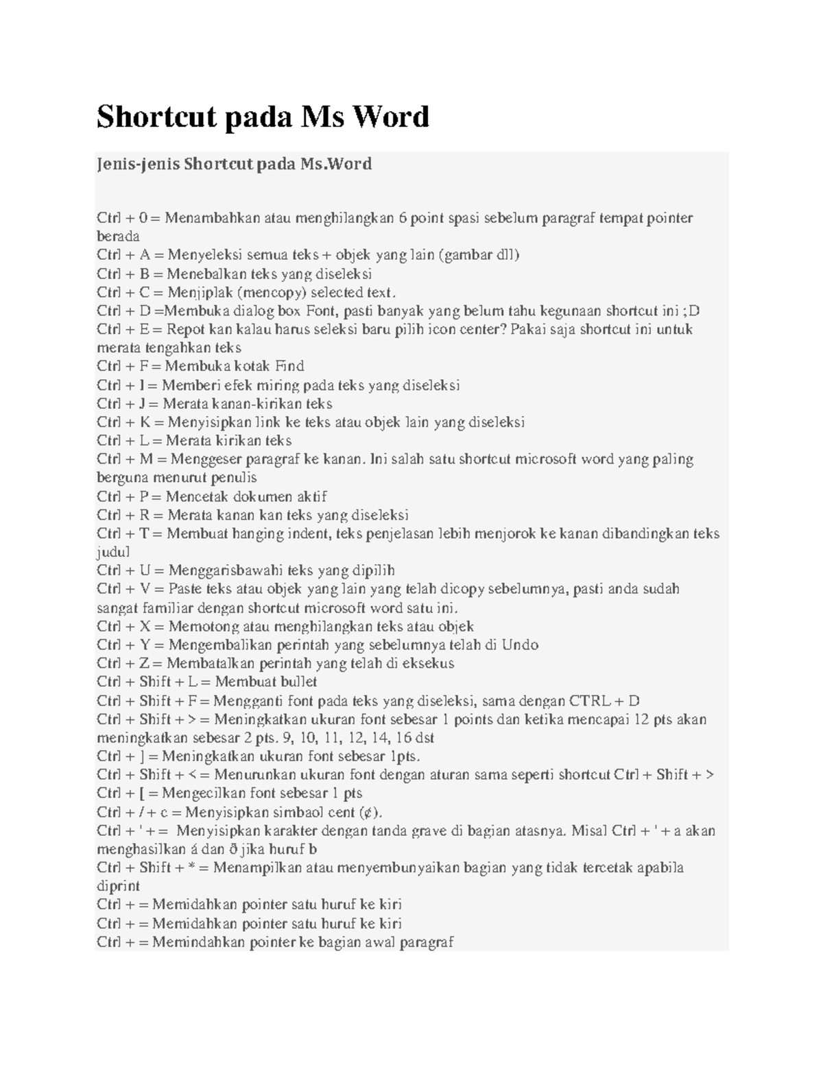 Shortcut Penting pada Ms Word: Panduan Lengkap - Studocu