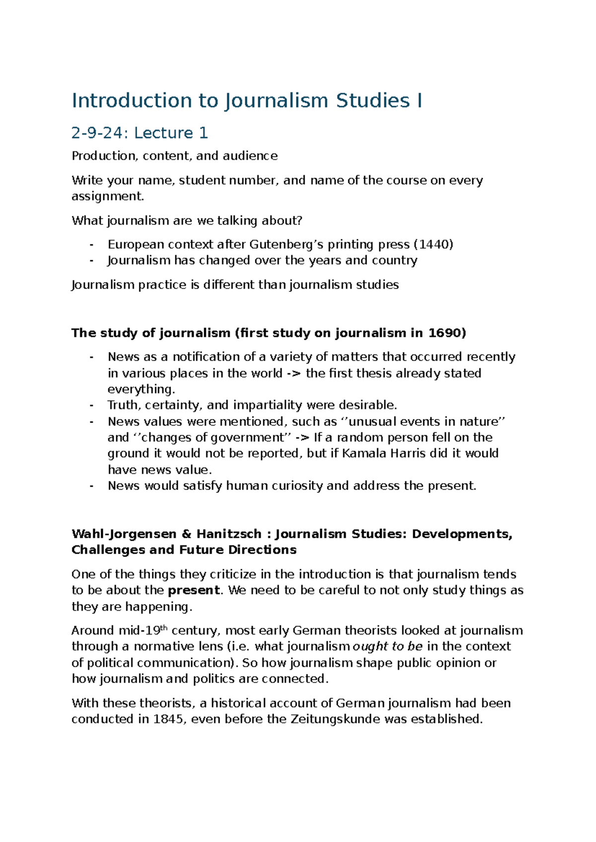 Introduction to Journalism Studies I: Lecture & Audience Insights ...