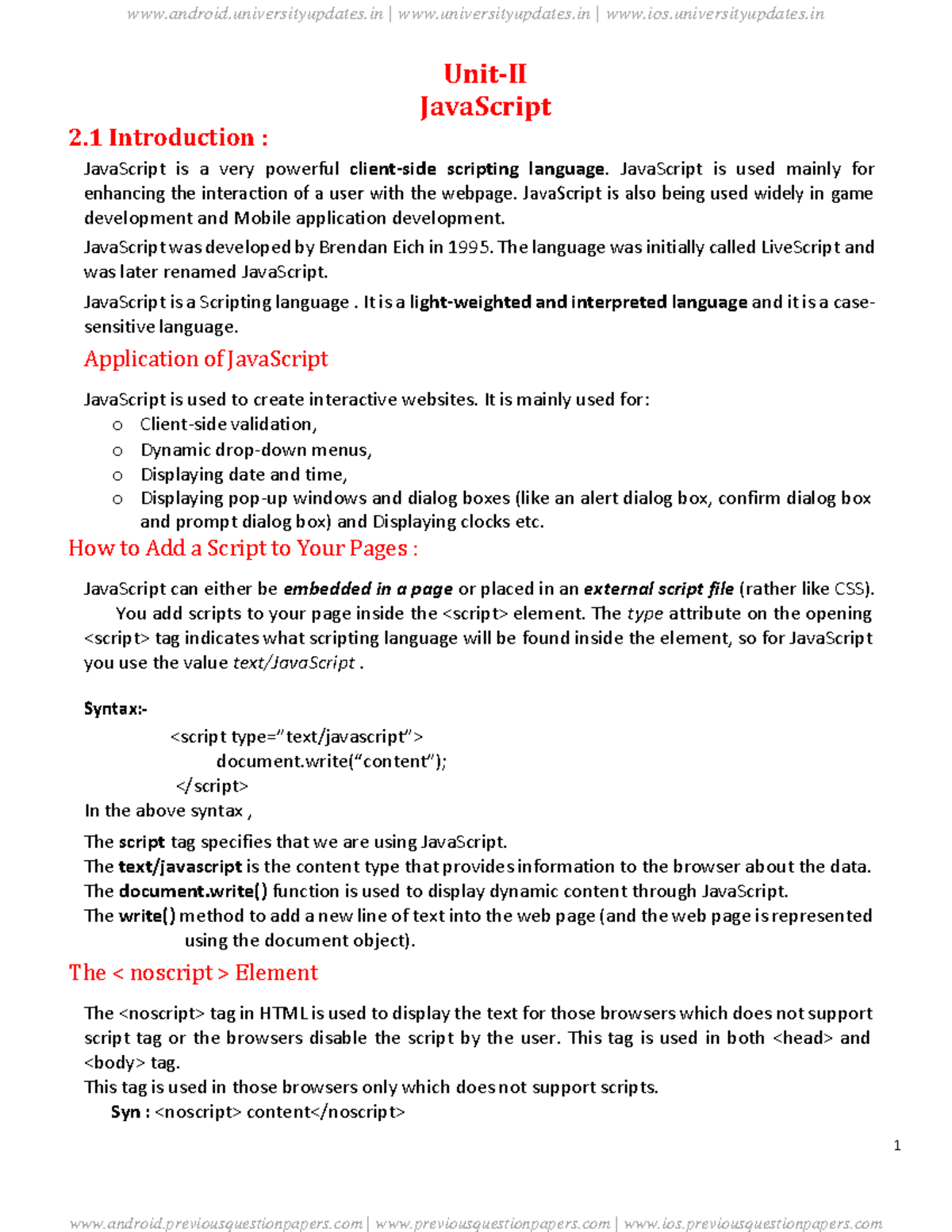 Unit-II: JavaScript Fundamentals and Applications in Web Tech - Studocu
