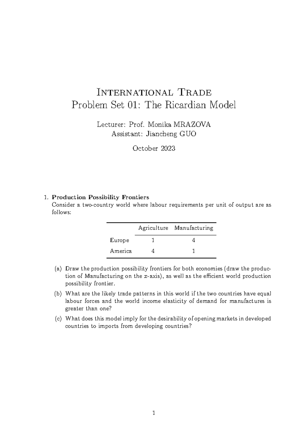 PS1 - Problem Set 01: Analyzing the Ricardian Model in Trade - Studocu