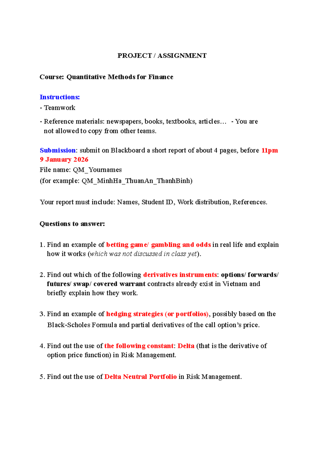 PROJECT ASSIGNMENT QM 2026 - Quantitative Methods for Finance - Studocu
