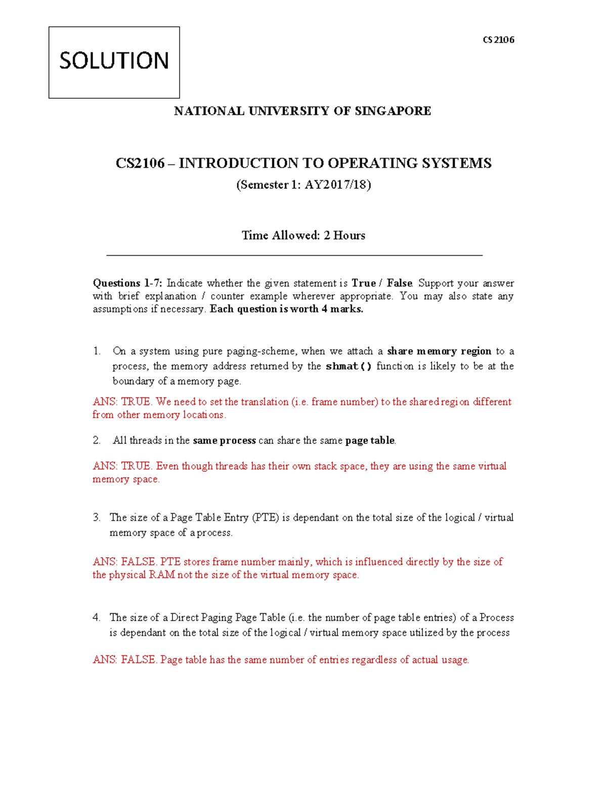 CS2106 Final Exam Solutions - Introduction to Operating Systems - Studocu