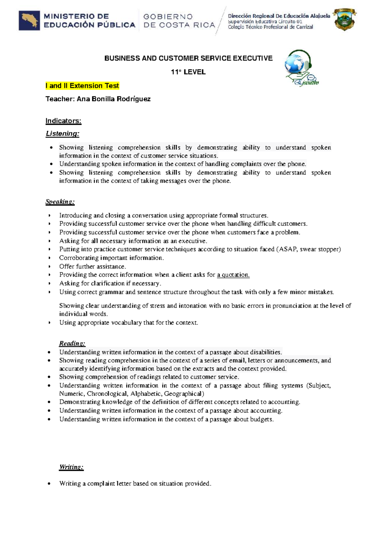 BUSINESS & CUSTOMER SERVICE EXEC LEVEL I & II Extension Test - Studocu