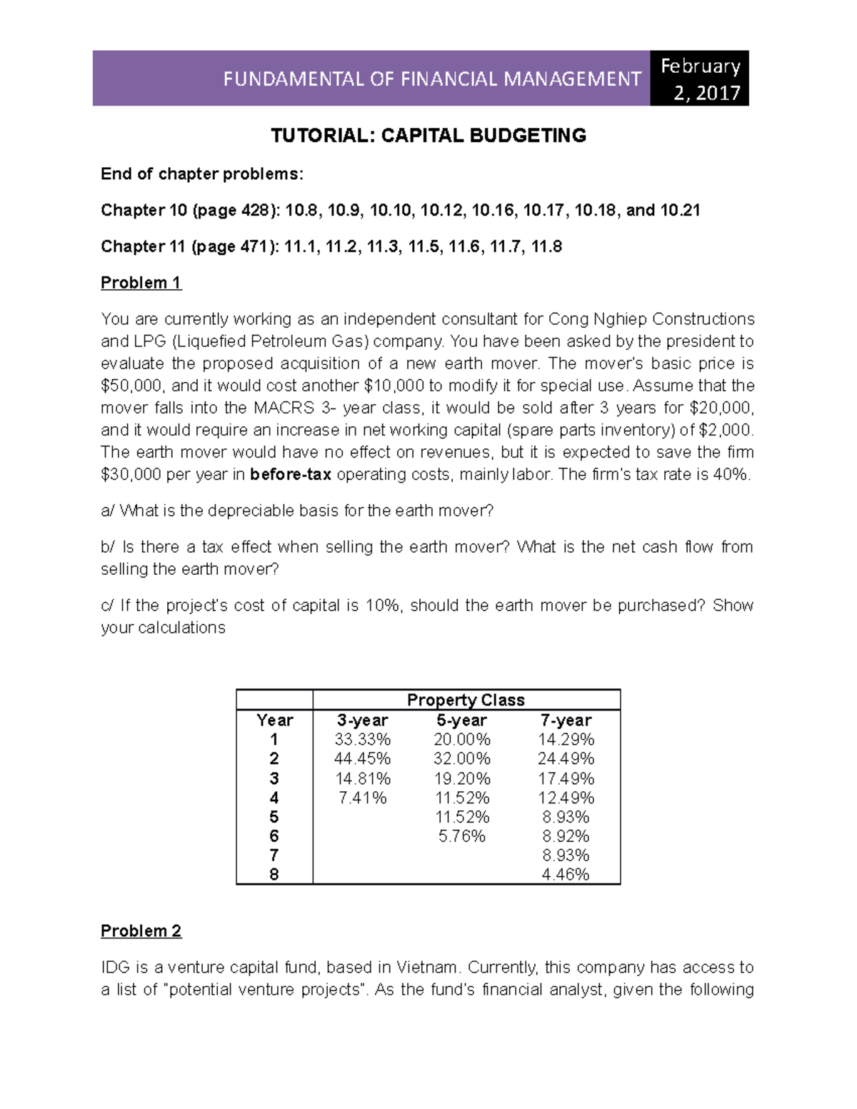 Tutorial on Capital Budgeting Problems for FIN 2017 - Studocu