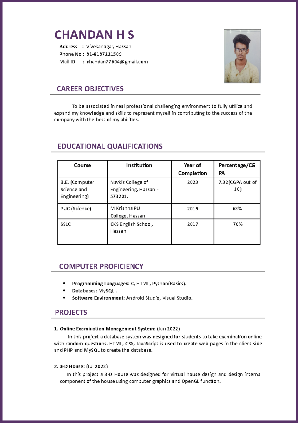 CV of Chandan H S - B.E. Computer Science Graduate - Studocu
