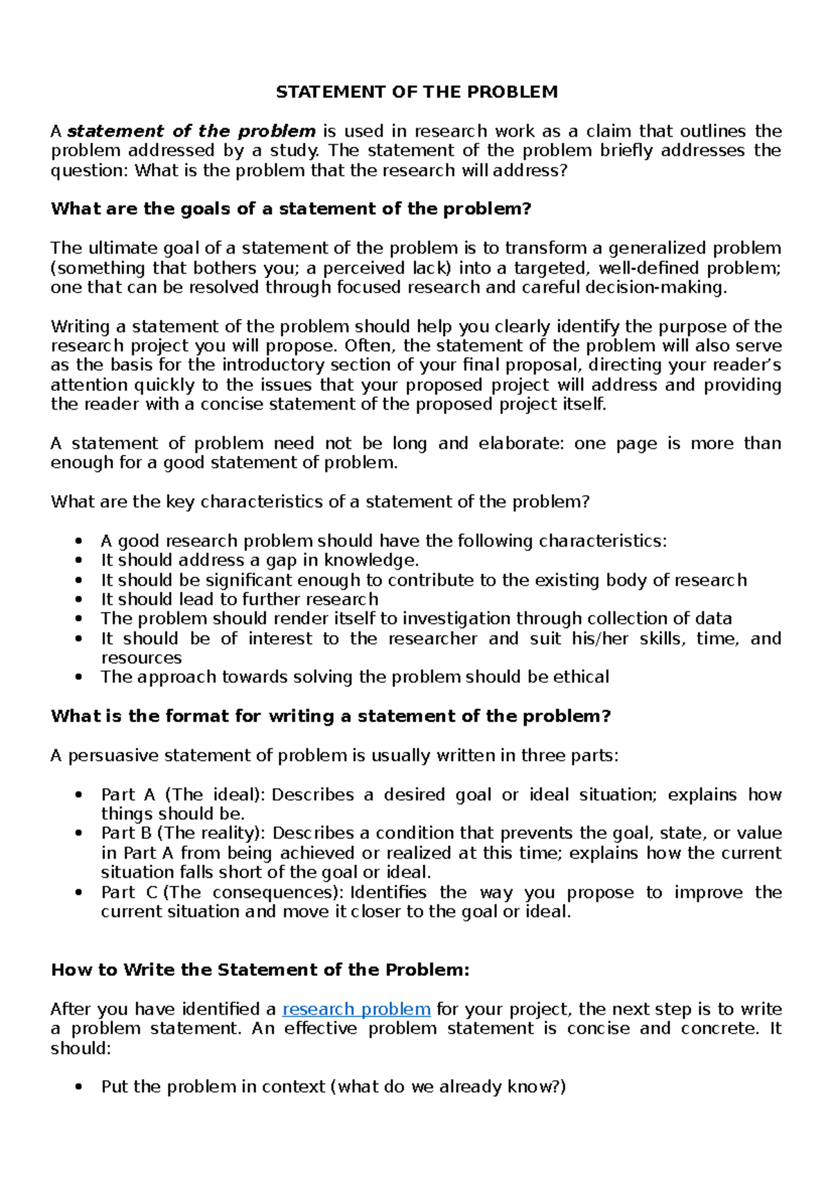 Research Problem Definition: Key Elements & Writing Guide - Studocu