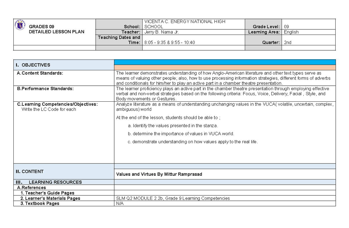 Values & Virtues DLP - Comprehensive Lesson Plan for Grade 9 English ...