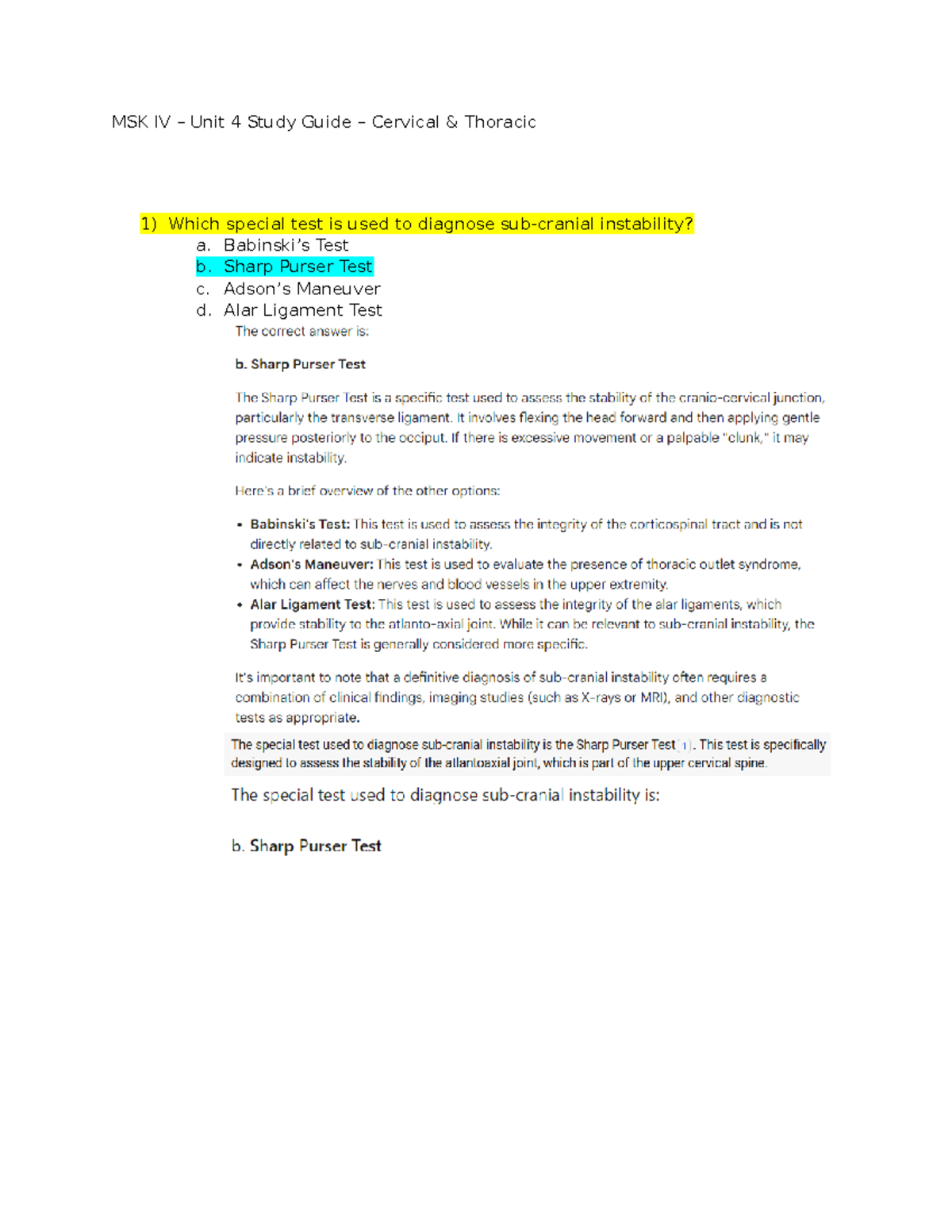 Mskivstudy Guide Unit 4 - MSK IV – Unit 4 Study Guide – Cervical ...