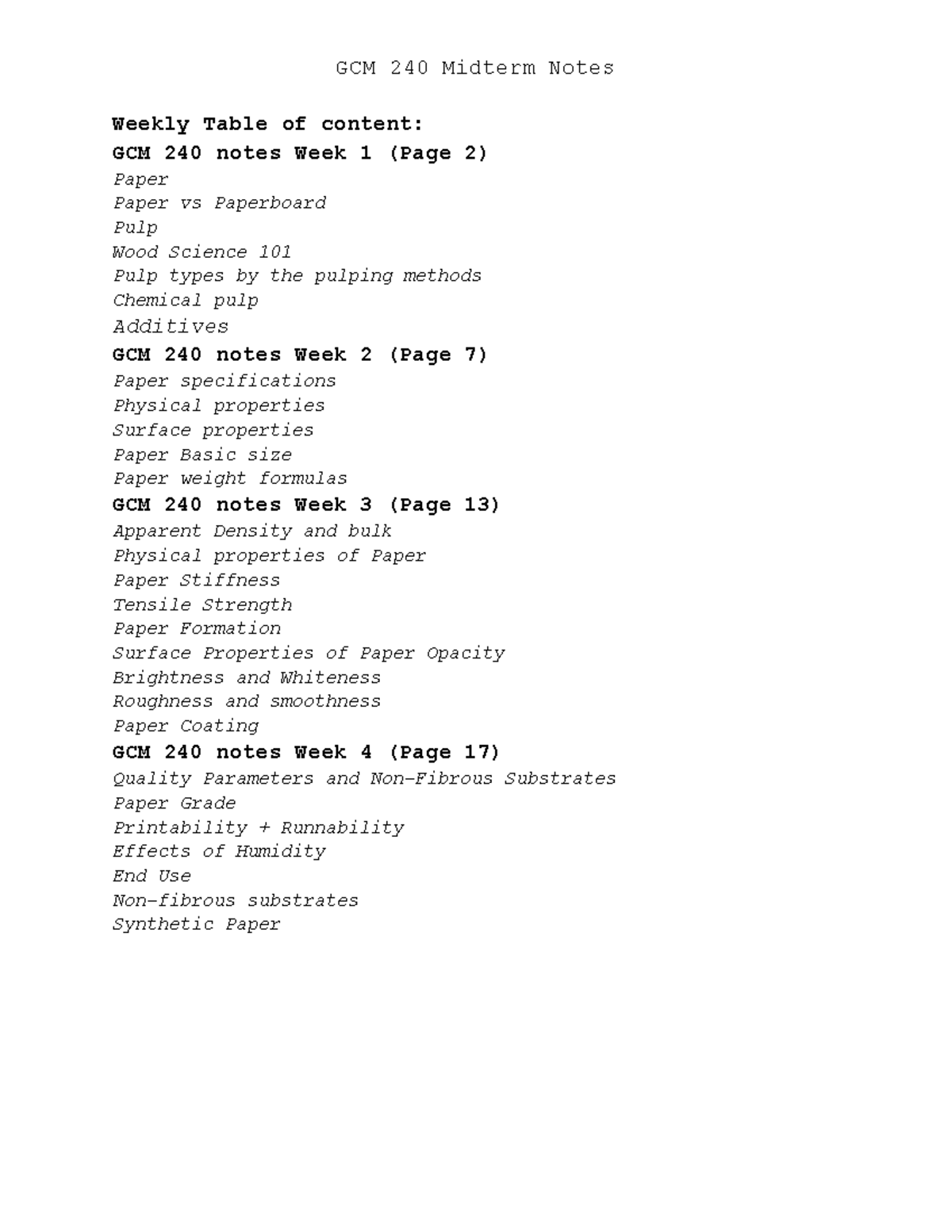 GCM 240 Midterm notes - Weekly Table of content: GCM 240 notes Week 1 ...