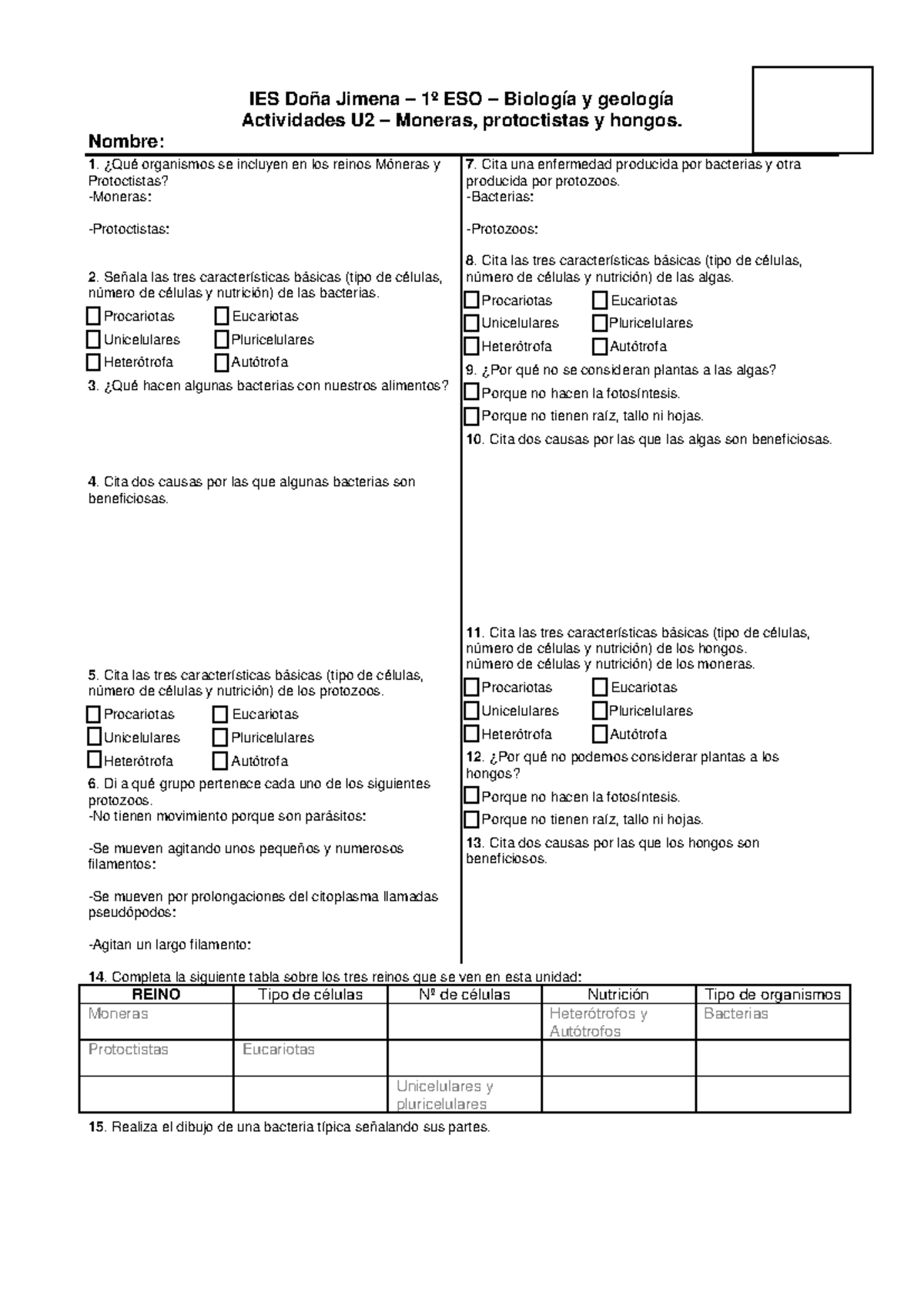 Actividades de Repaso U2 - Moneras, Protoctistas y Hongos (1º ESO) - Studocu