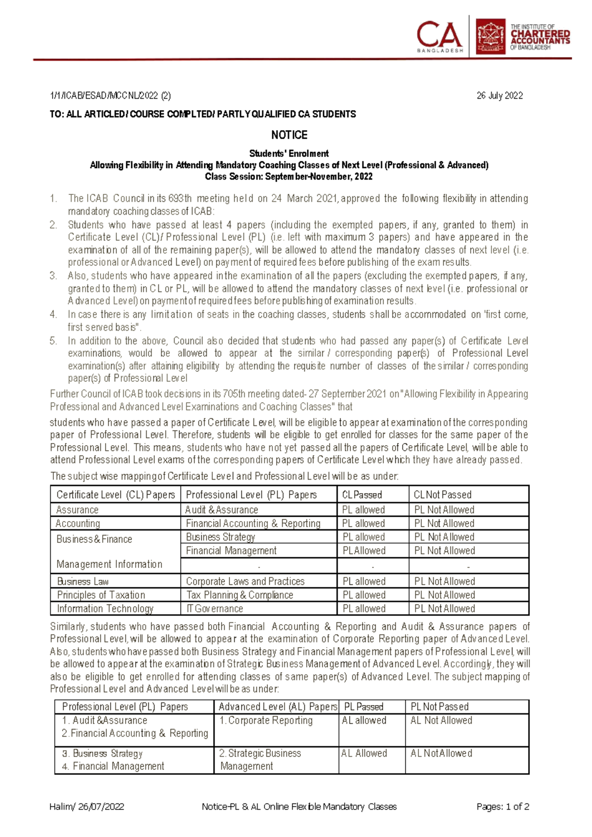 5783stu - ICAB PL & AL Notice: Flexibility in Mandatory Classes - Studocu