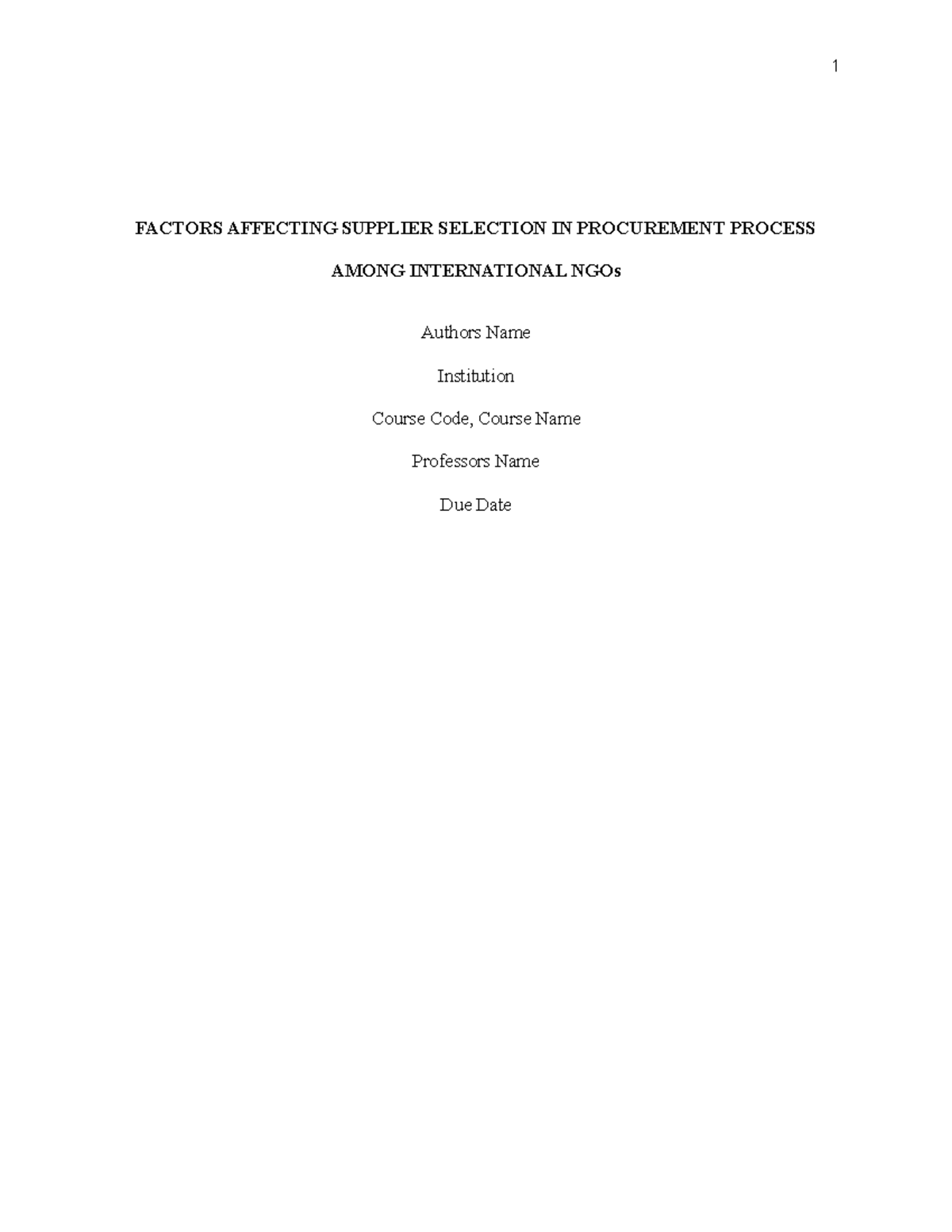 Research Proposal: Factors Influencing Supplier Selection in NGOs - Studocu