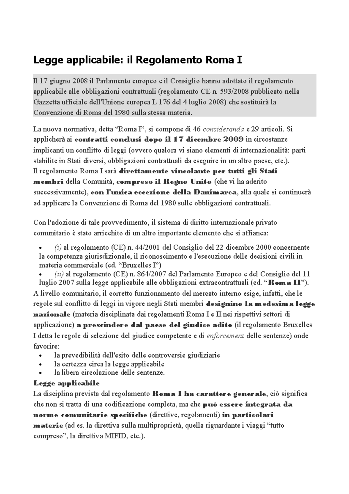 Regolamento Roma I: Applicazione e Impatti sulle Obbligazioni ...