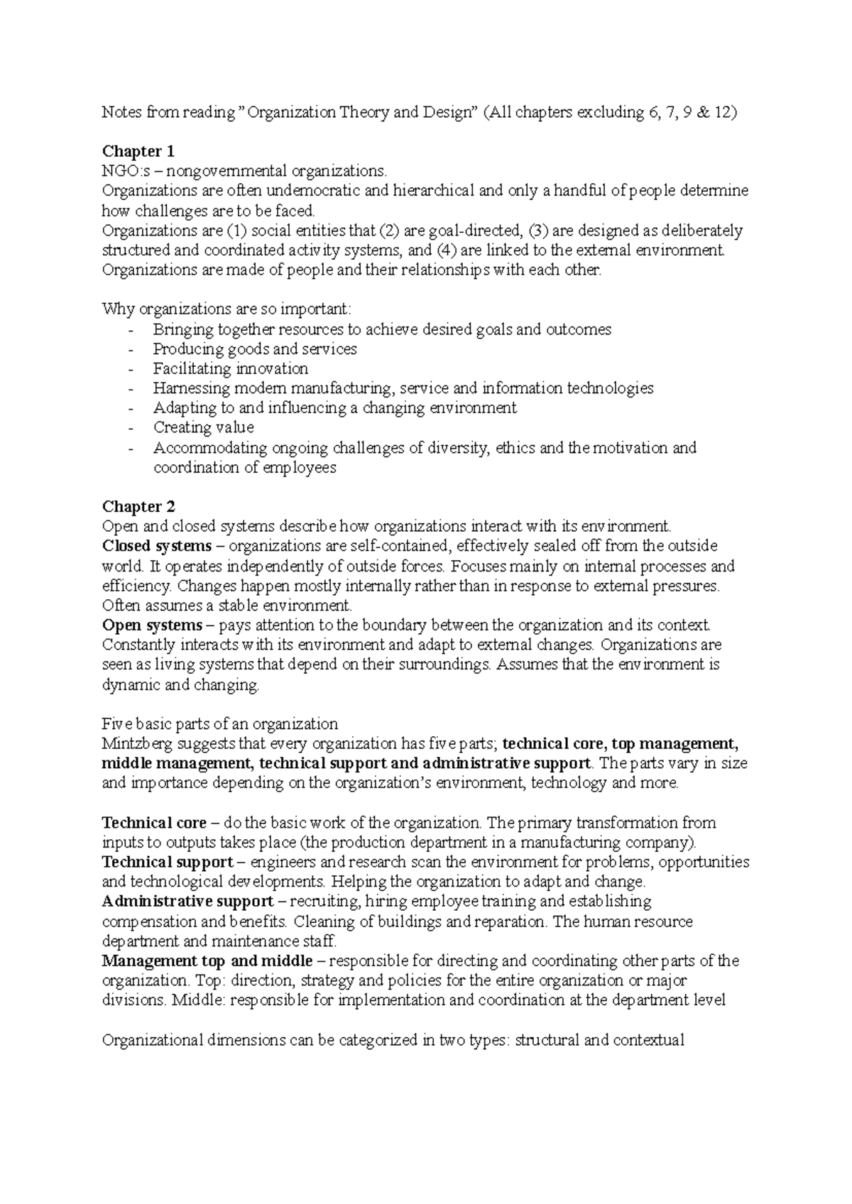 Notes on Organizational Theory: Key Concepts and Structures (Chapters 1 ...