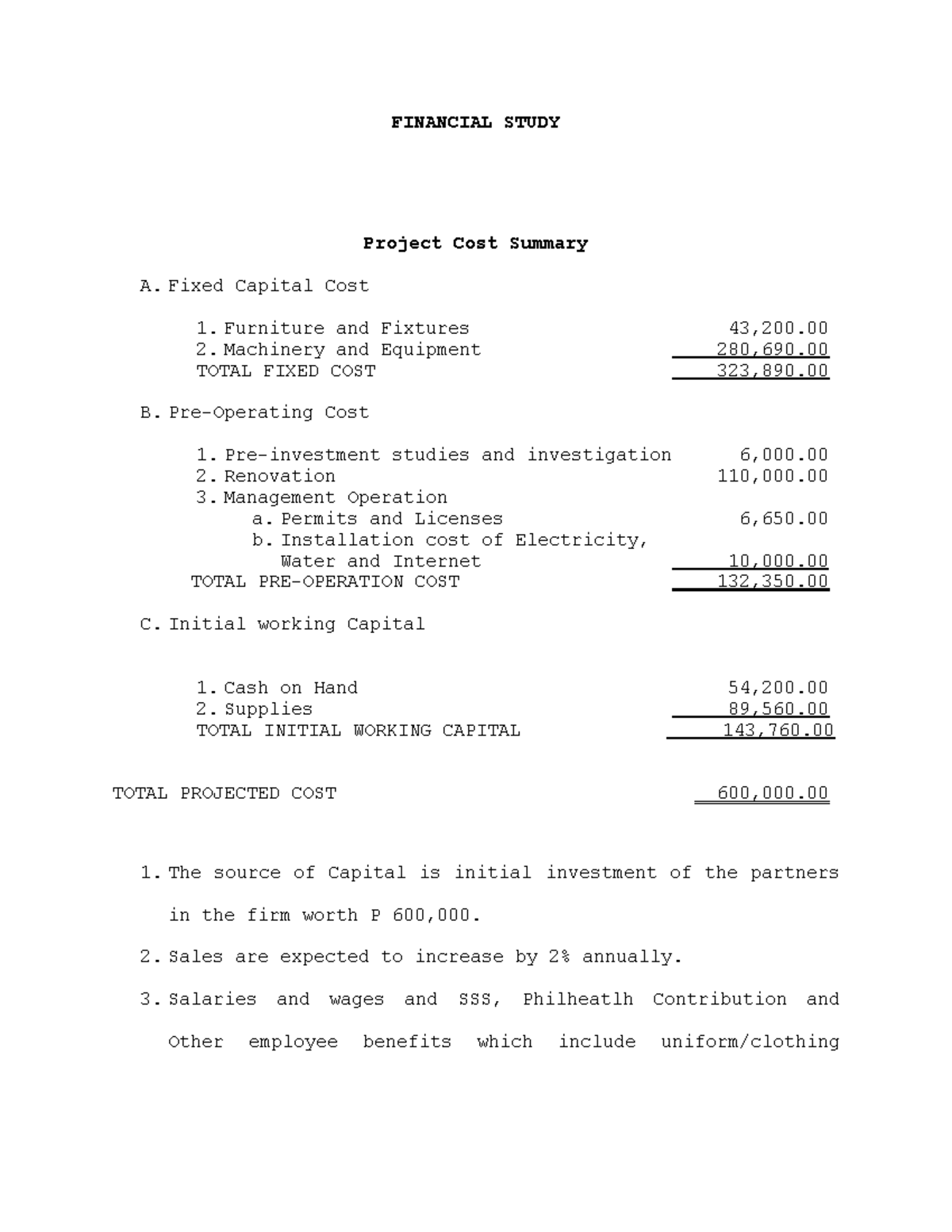 FIN 101: Project Cost Summary and Financial Assumptions for Bakers ...