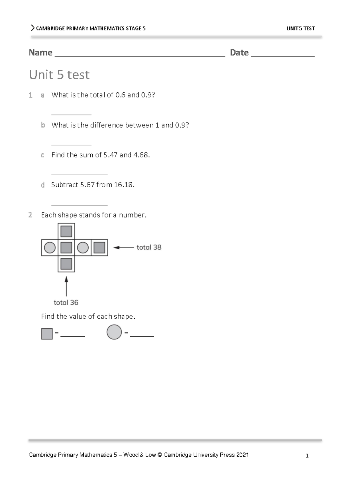 Cambridge Primary Mathematics 5 Unit 5 Test - 2nd Edition - Studocu