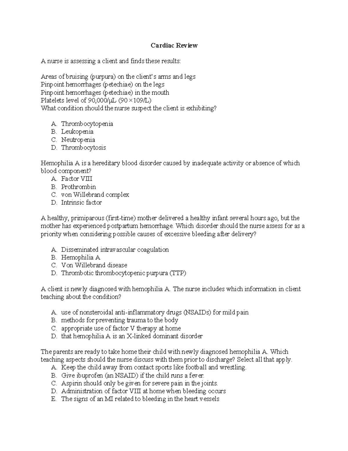 Cardiac Review Questions for NURS 101: Conditions & Teaching Insights ...