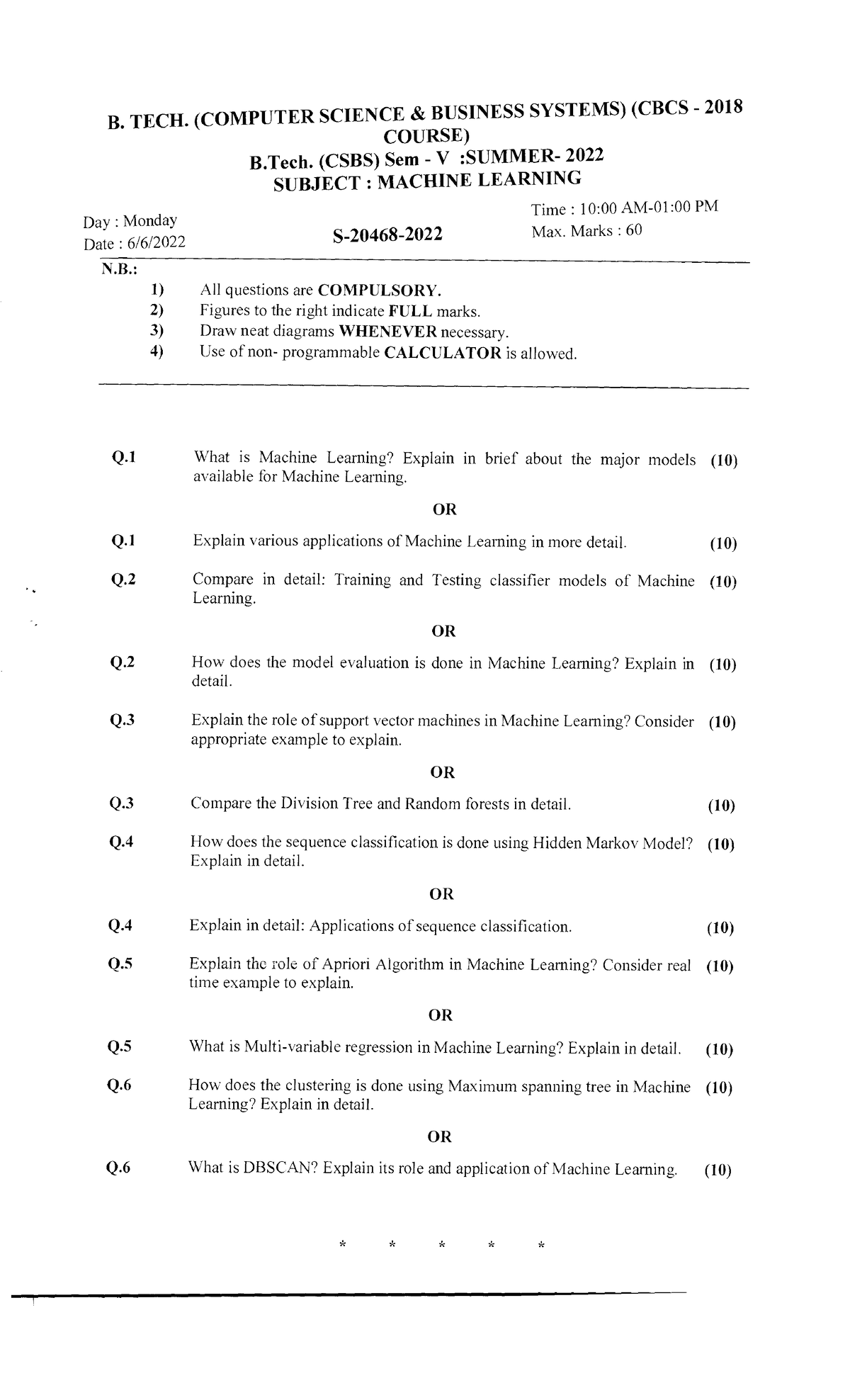 B.Tech. (CSBS) Sem V 2022 Machine Learning Question Paper - Studocu