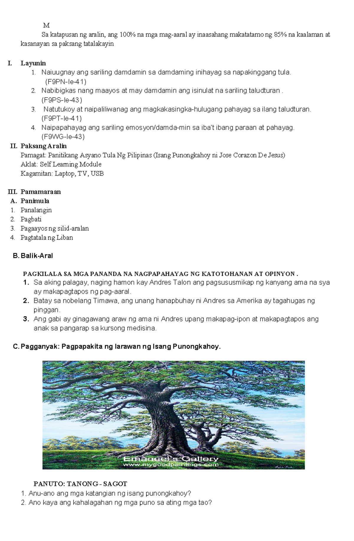 Lesson Plan Q1: Isang Punongkahoy at mga Kasanayan sa Tula - Studocu