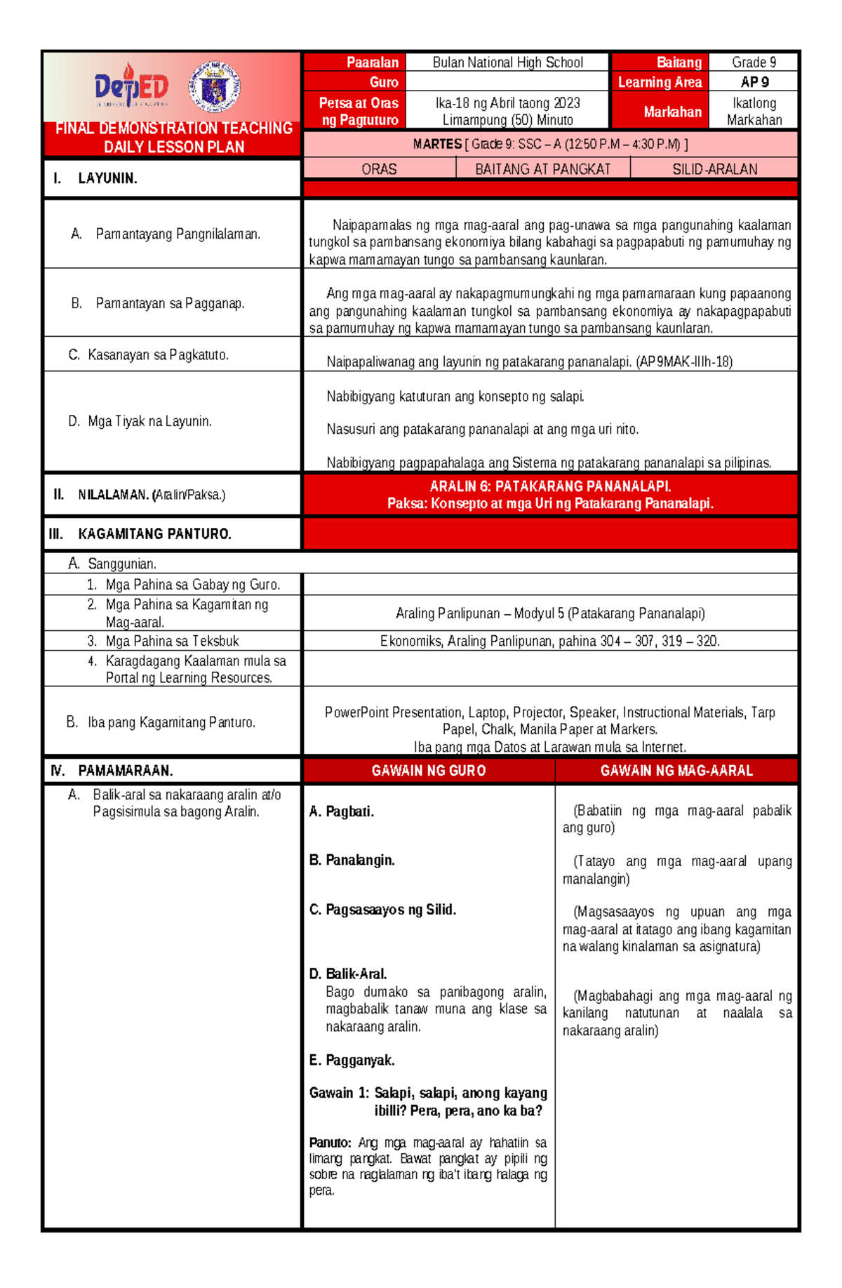 AP 9: Final Demonstration Teaching Daily Lesson Plan on Monetary Policy ...