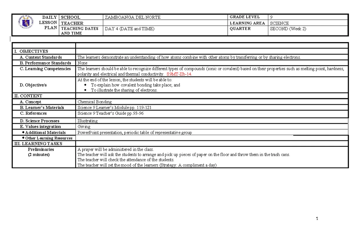 Sci 9 Q2 Week 2 Day 3 Lesson Plan: Understanding Ionic Bonding - Studocu