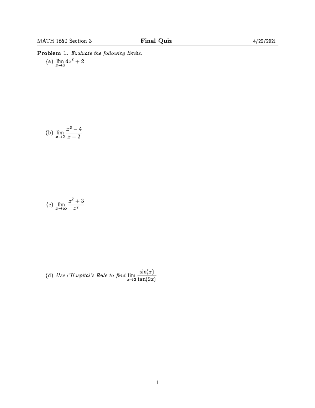 1550 Final Quiz - Practice problems from previous exam. - Problem 1 ...