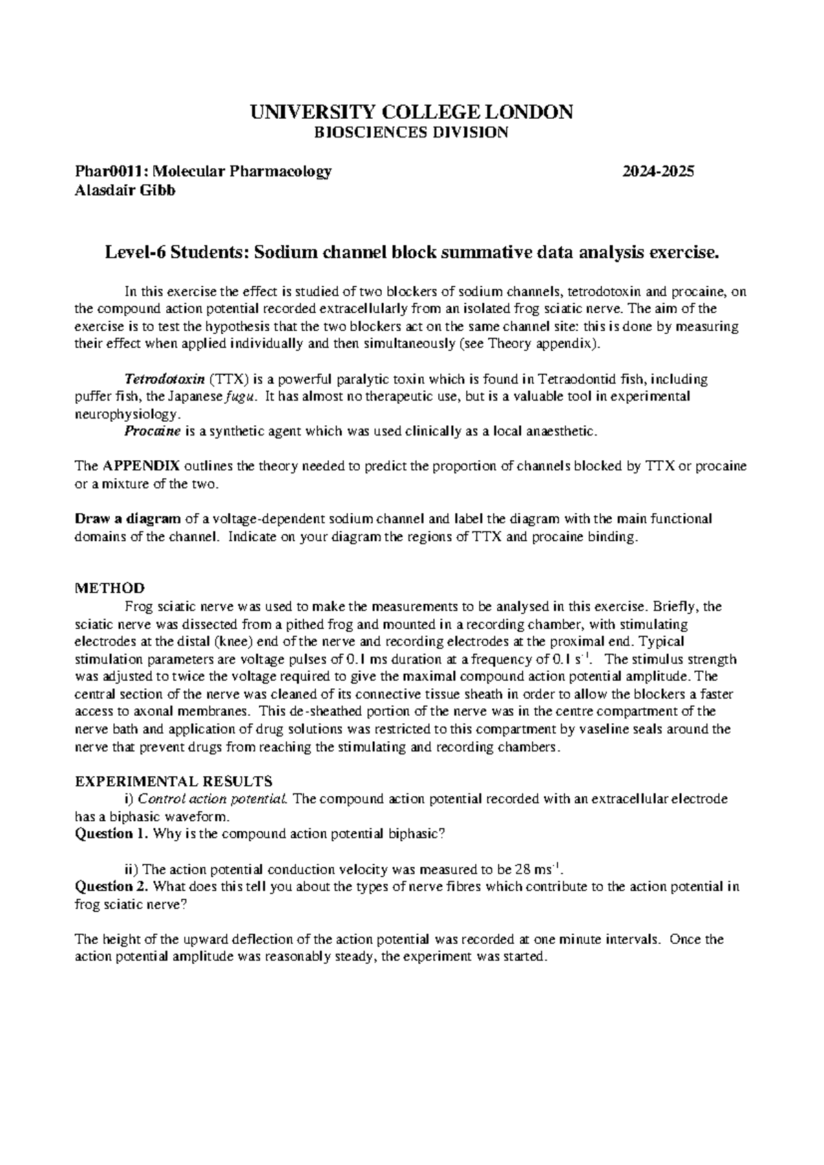 Sodium Channel Coursework questions - UNIVERSITY COLLEGE LONDON ...