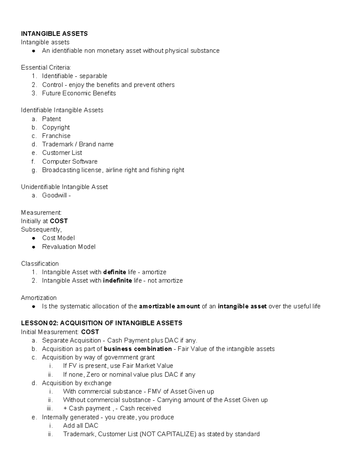 INTA 101: Lecture Notes on Intangible Assets and Goodwill - Studocu
