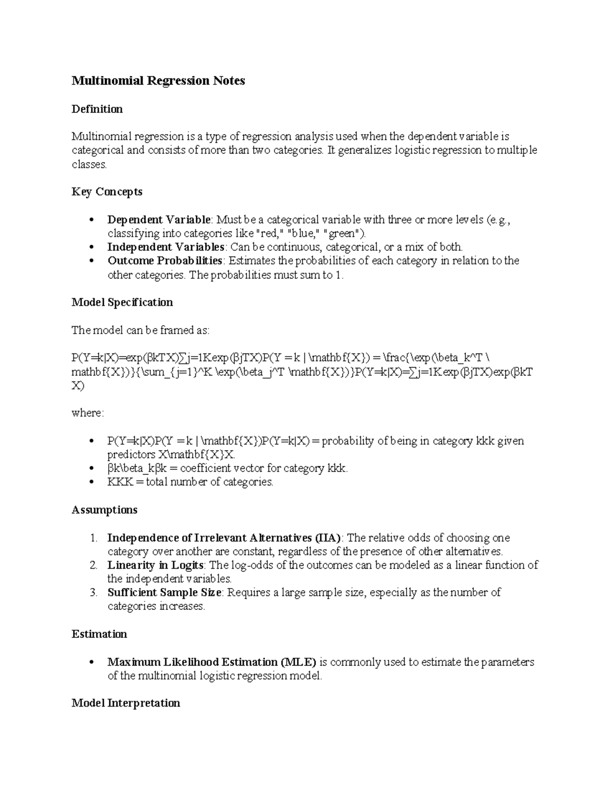 Multinomial Regression Notes: Key Concepts and Applications - Studocu