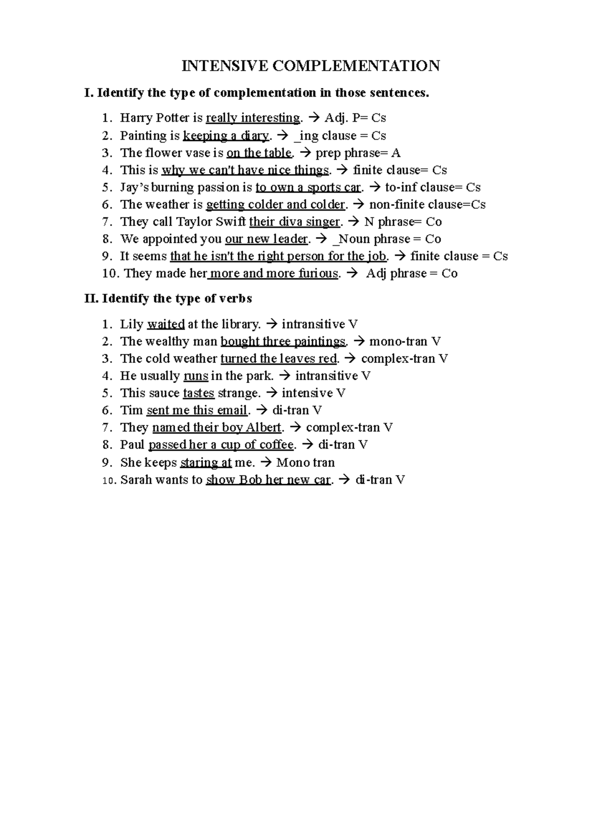 Intensive Complements and Verb Types Analysis: Key Concepts - Studocu