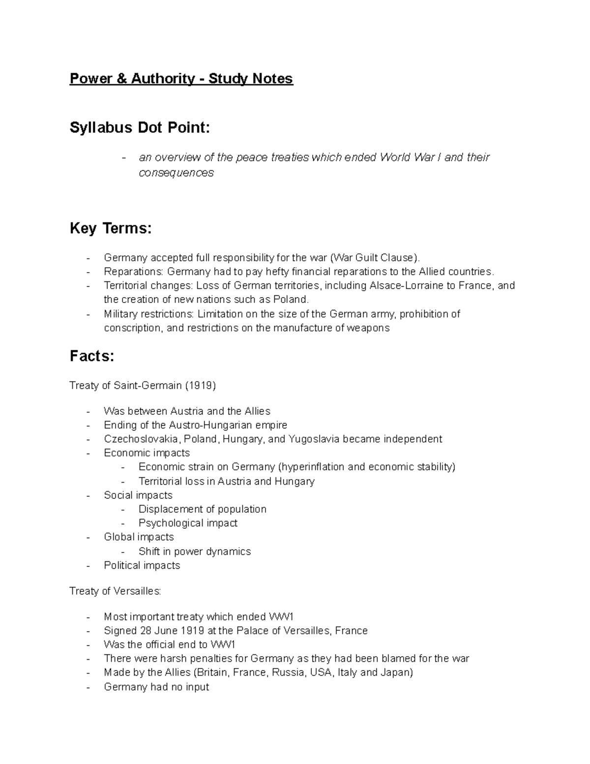 Power & Authority: Study Notes on WWI Treaties & Rise of Dictatorships ...