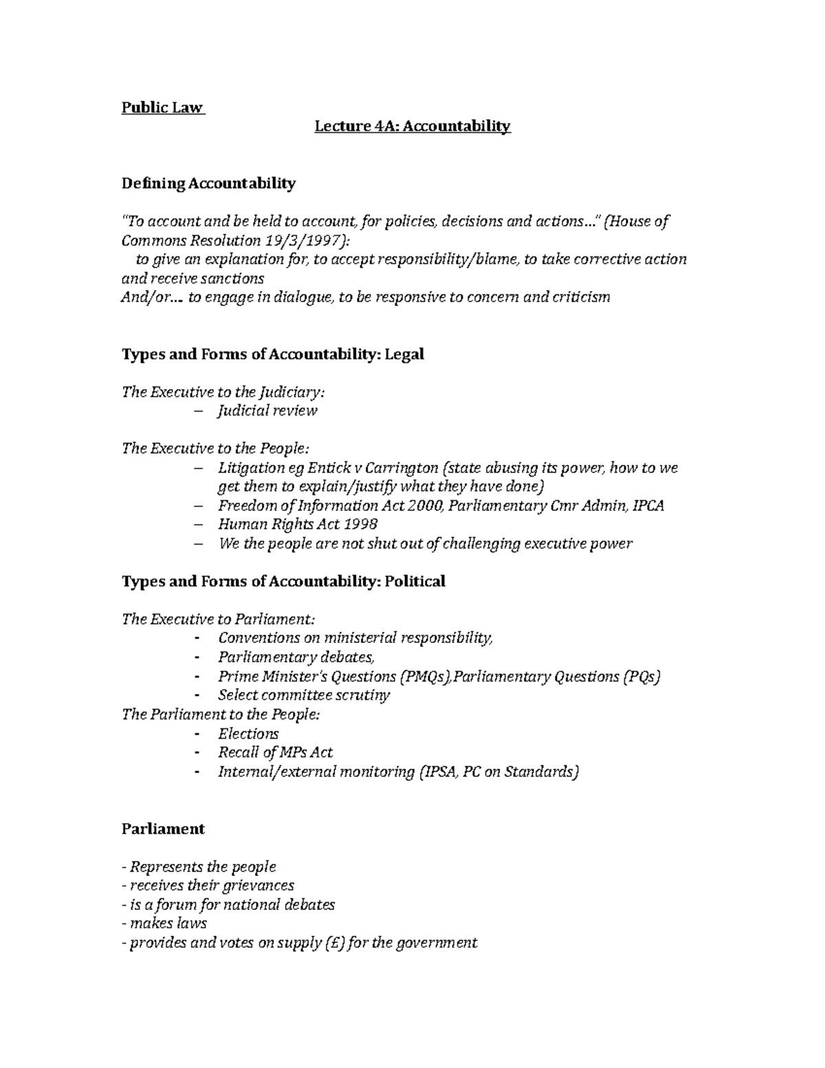 Public Law 123: Lecture Notes on Accountability and Conventions - Studocu