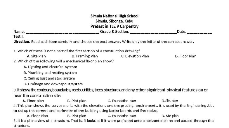 TLE 9 Pretest: Carpentry Practice Test for 2nd Quarter - Studocu
