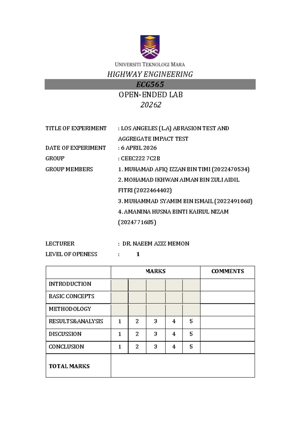 LA Abrasion & Aggregate Impact Test Lab Report ECG565 20262 - Studocu