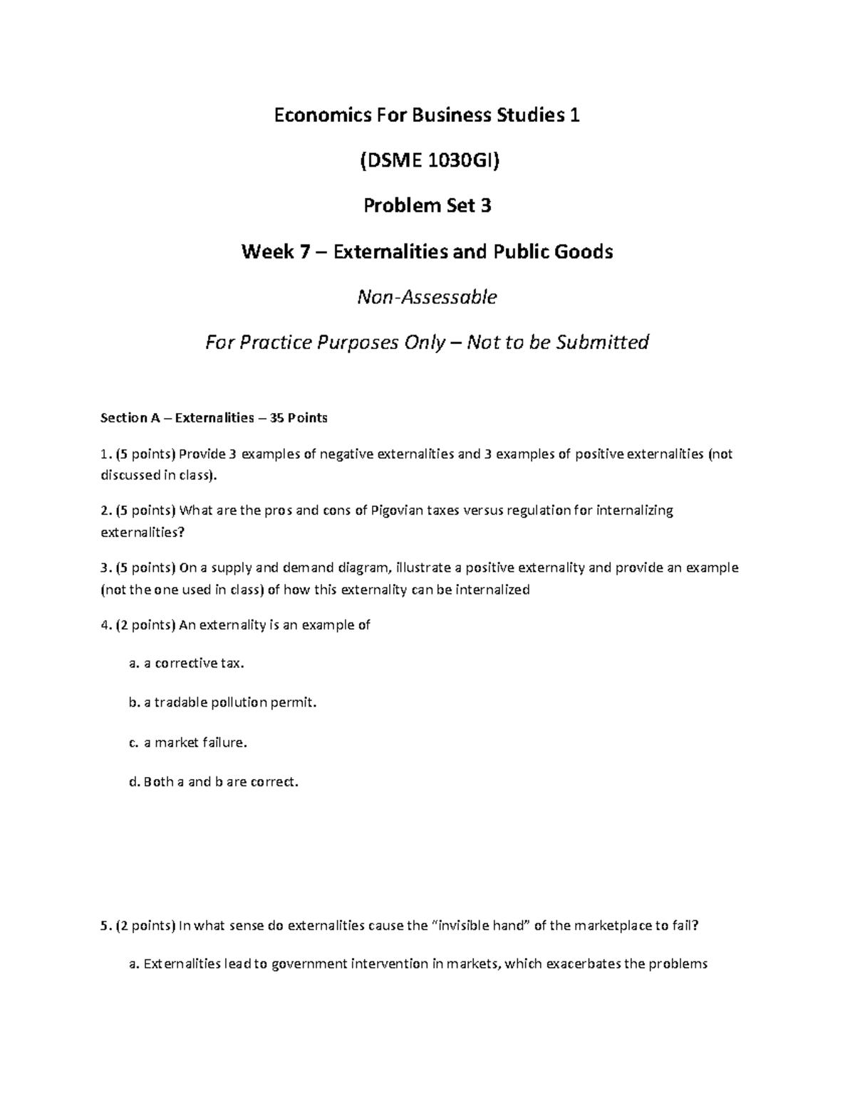 DSME1030 GI Week 7 Problem Set 3: Externalities & Public Goods - Studocu