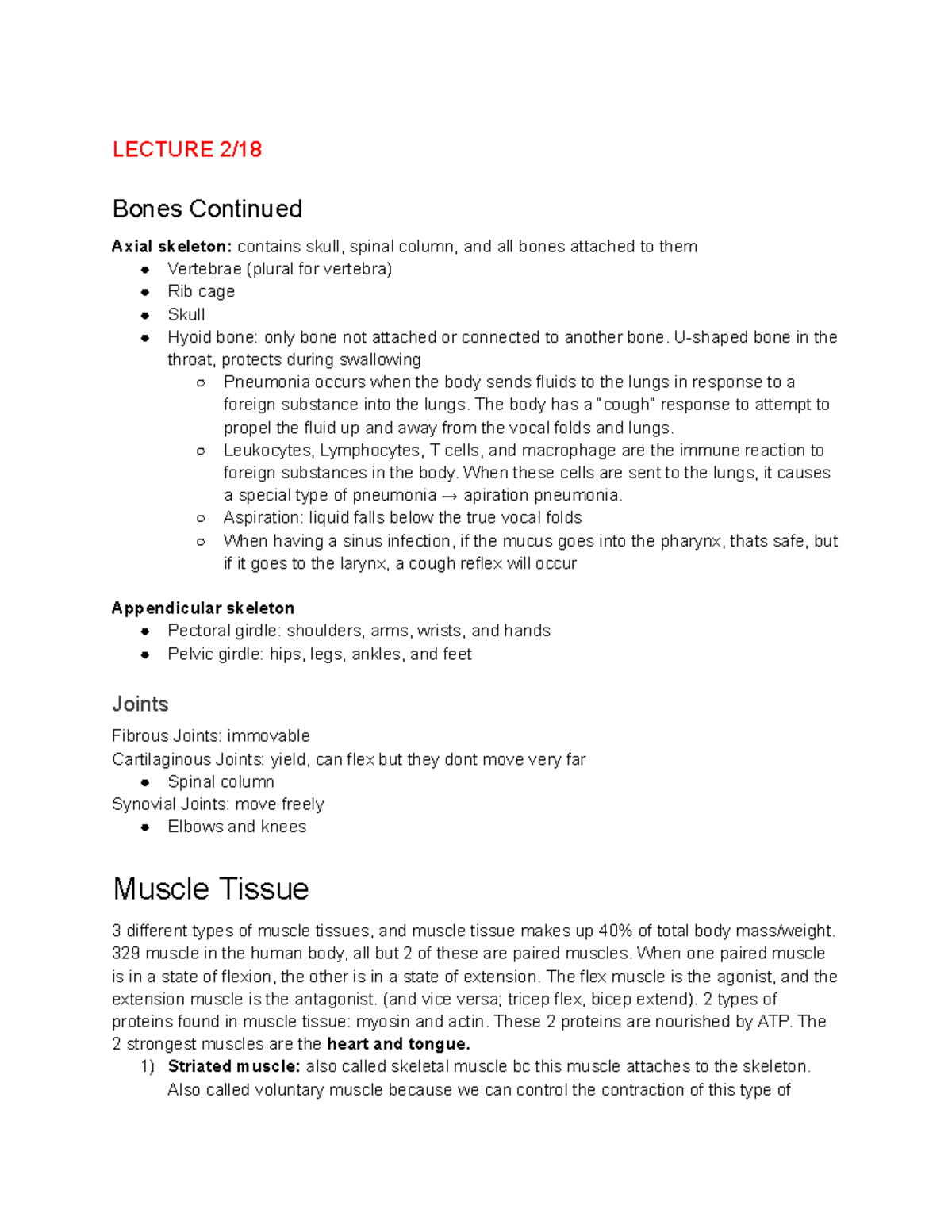 A&P LECTURE Notes: Exam 2 on Musculoskeletal & Respiratory Systems ...
