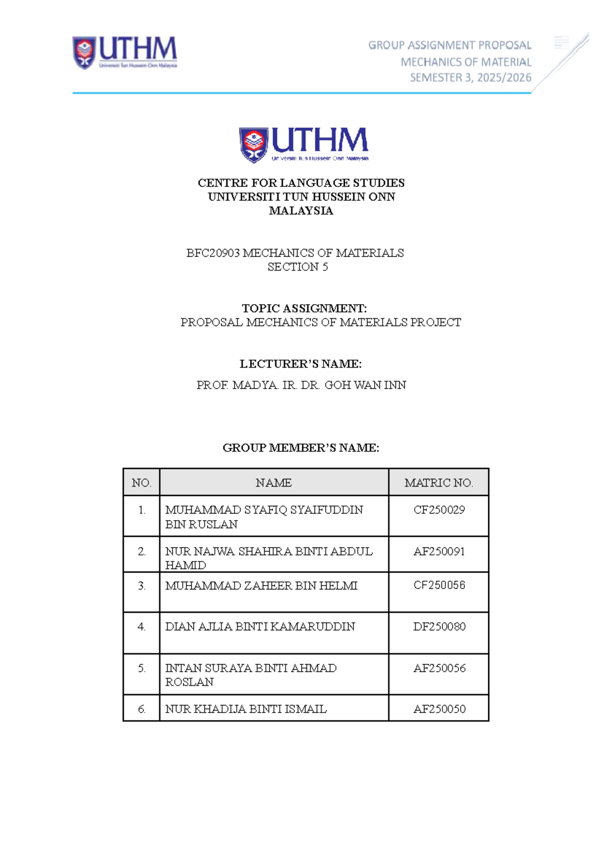 BFC20903 Mechanics of Materials Project Proposal: Structural Analysis ...