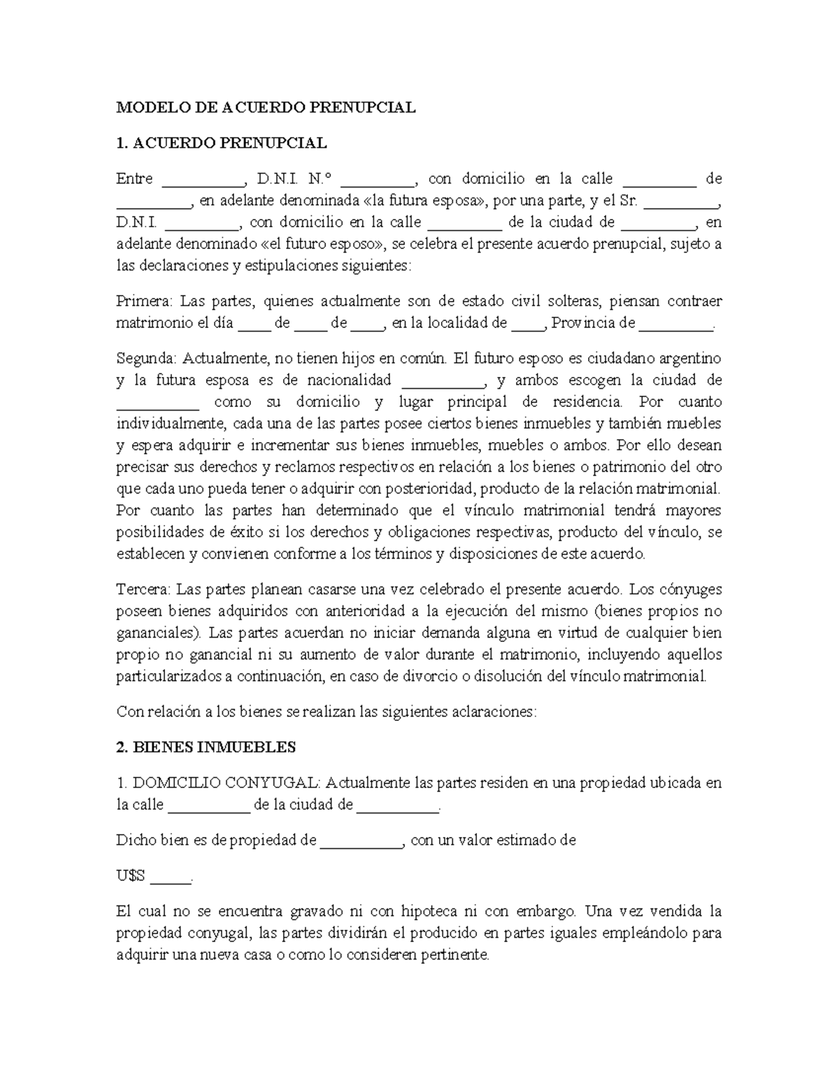 Modelo de acuerdo prenupcial - MODELO DE ACUERDO PRENUPCIAL 1. ACUERDO ...