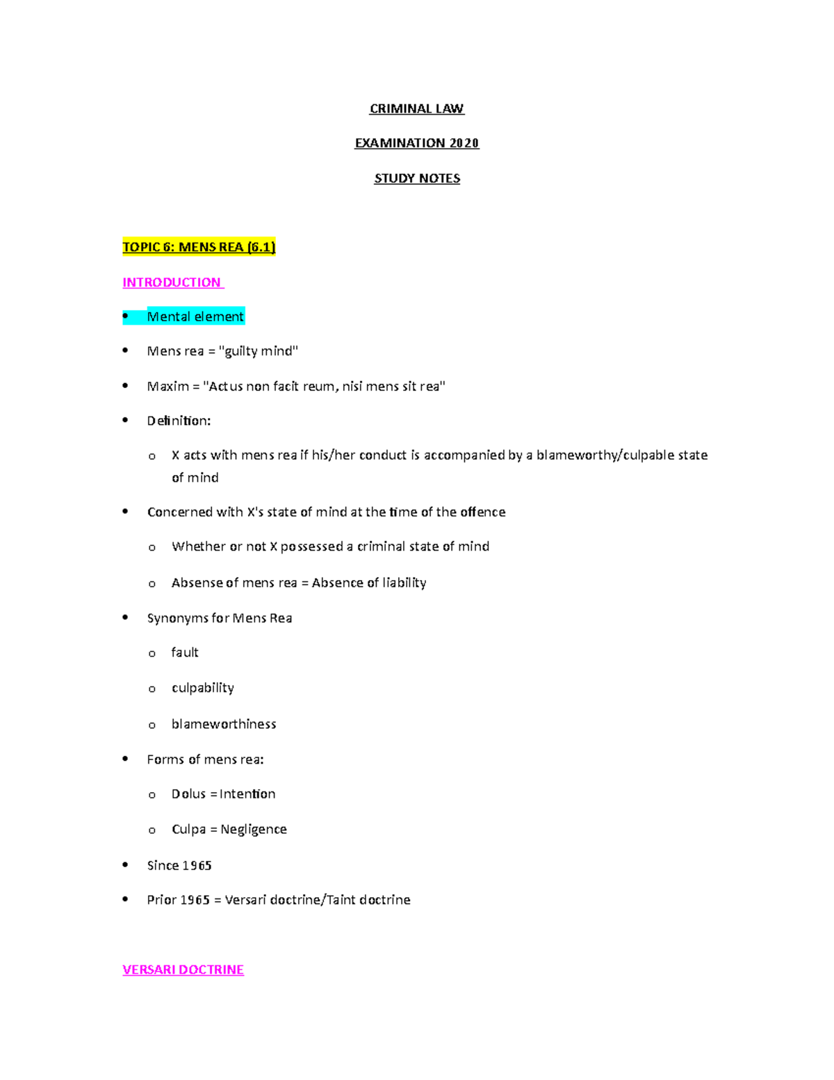 CRL study notes - Lecturer: Ms Smart - CRIMINAL LAW EXAMINATION 2020 ...