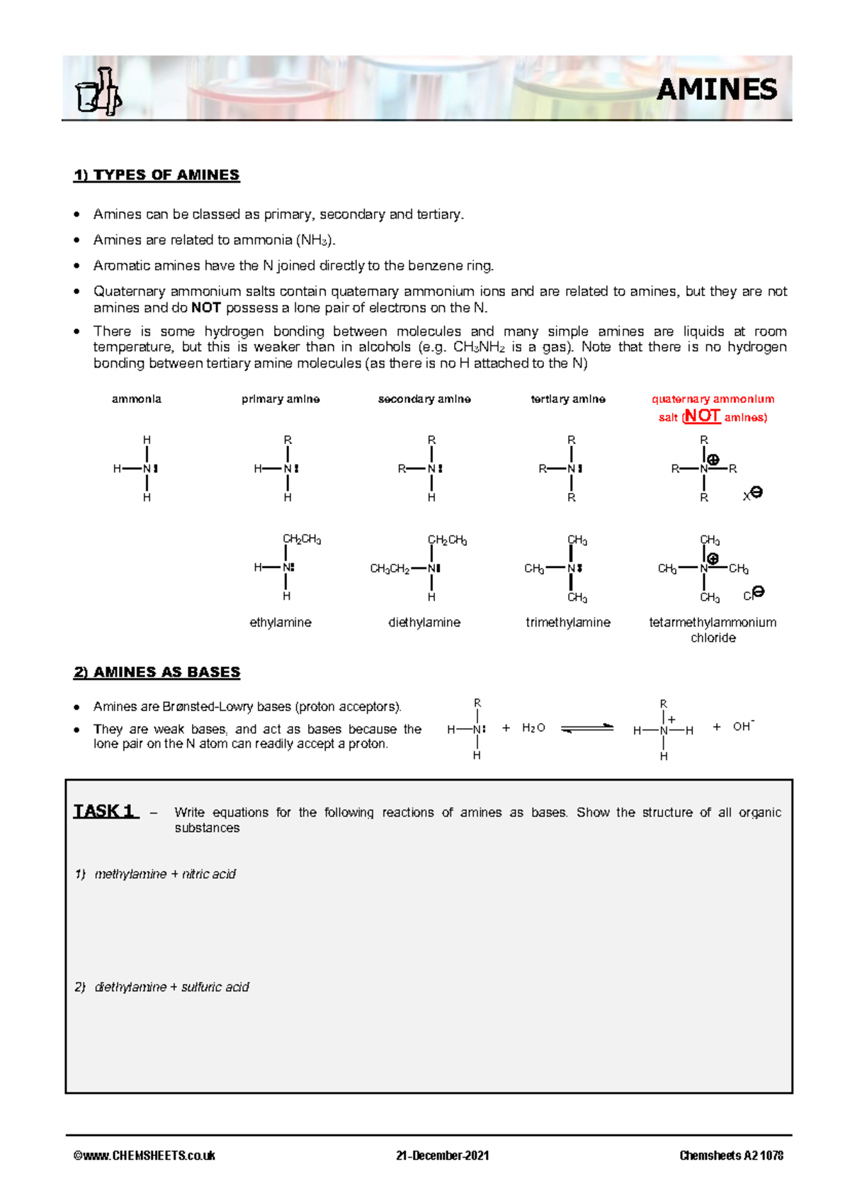 Chemsheets A2 1078: Comprehensive Study on Amines and Their Properties ...