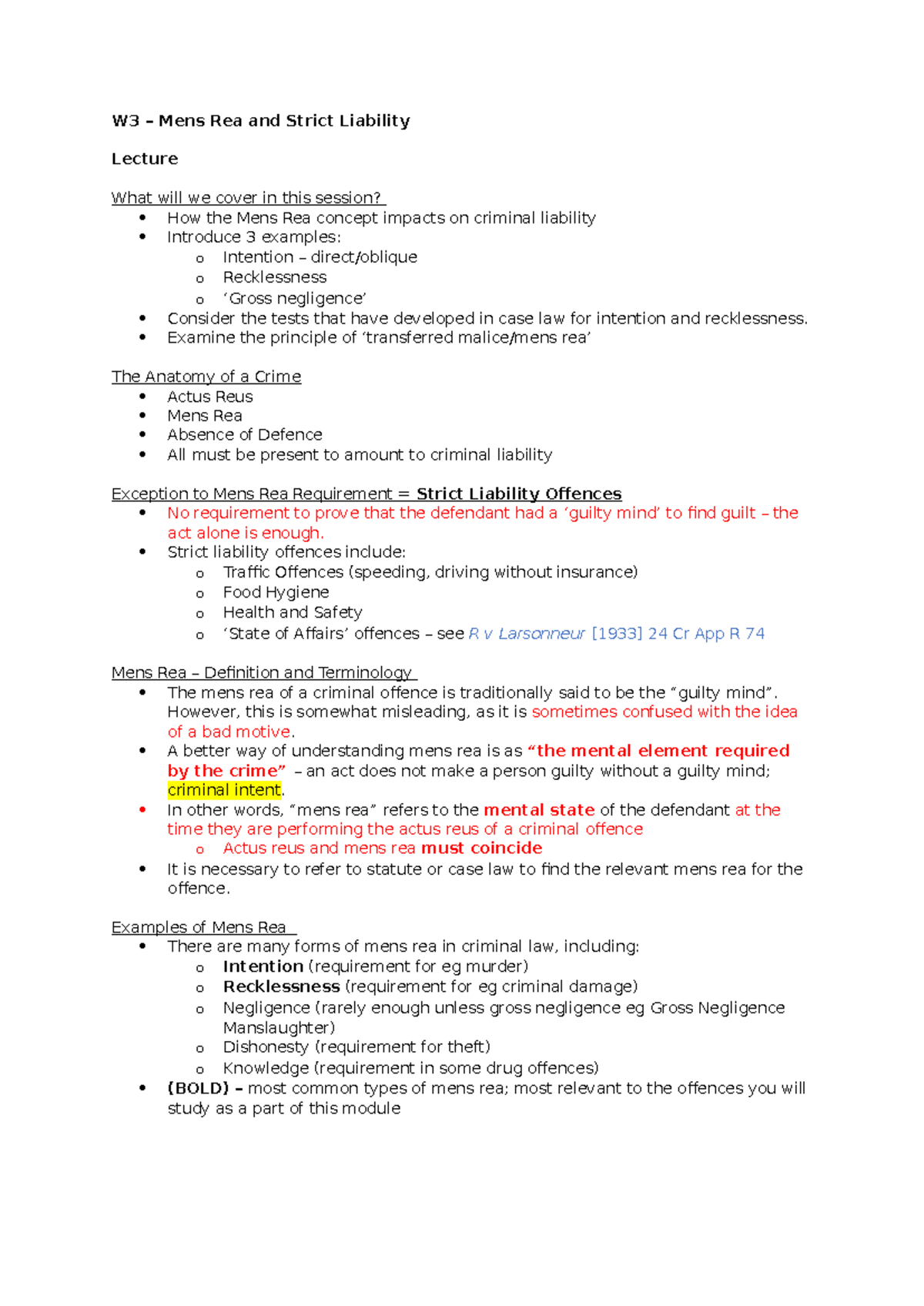 W3 - Mens Rea & Strict Liability - Lecture & Seminar Notes - Studocu