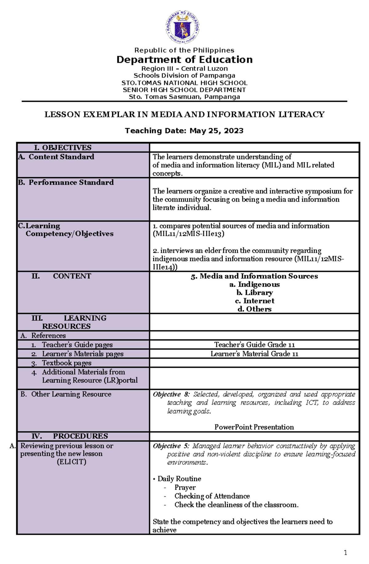 Lesson Exemplar - Media AND Information Sources - Department of ...