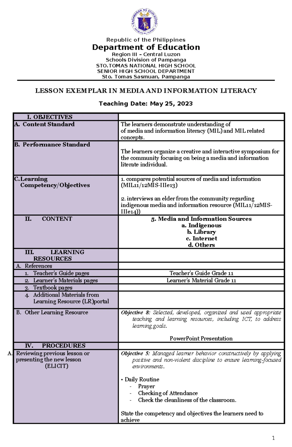 Lesson Exemplar in Media and Information Literacy (MIL 101) - Studocu