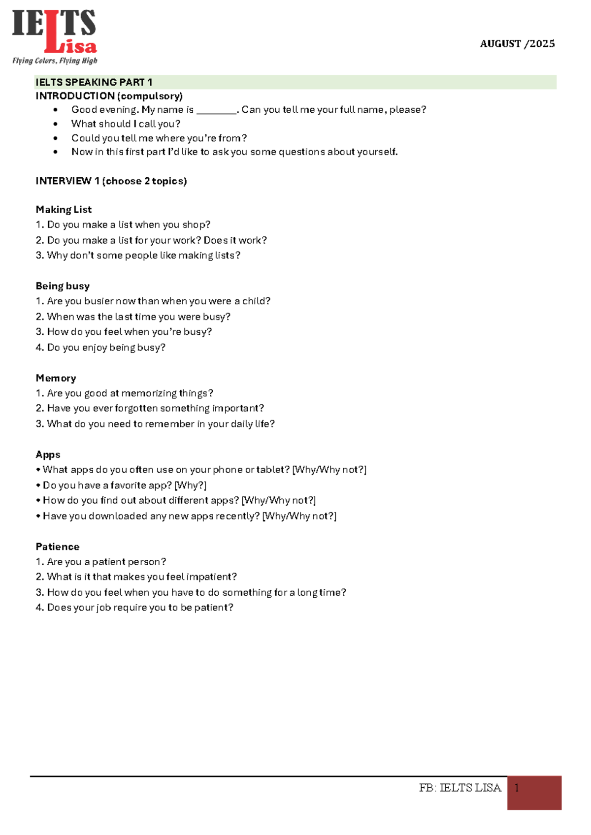 AUGUST 2025 IELTS SPEAKING PART 1 & 2 PREPARATION GUIDE - Studocu