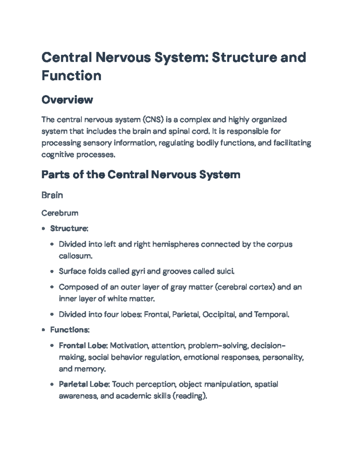 Central Nervous System Overview: Structures and Functions (Course Code ...
